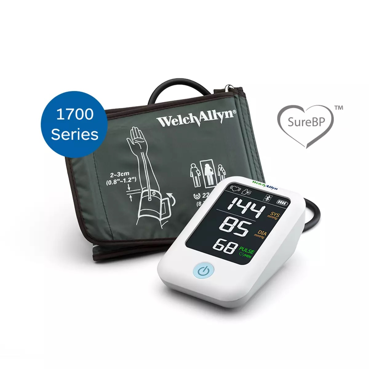 Monitor, BP, Home Use w/ SureBP, 1700 Series, D-Ring Standard Wide Cuff (22 - 42cm), (4) Alkaline AA Batteries (1/EA) by Hillrom/Welch Allyn  ID H-BP100SBP